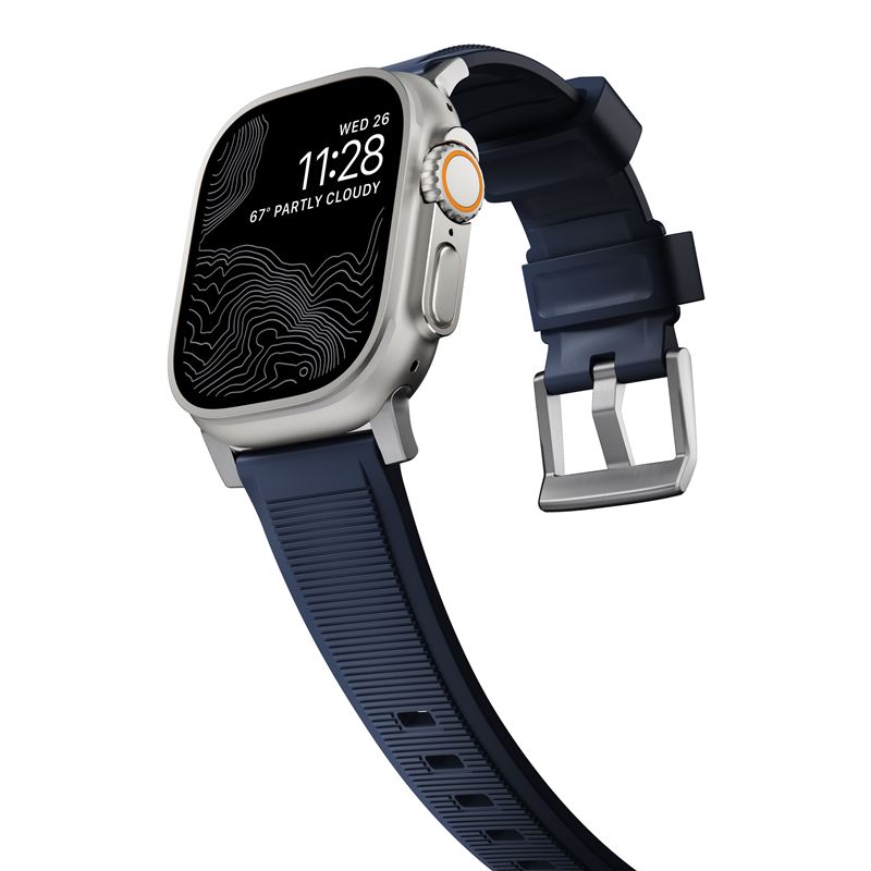 Curea rezistenta la apa NOMAD Rugged Strap compatibila cu Apple Watch 4/5/6/7/8/9/SE/Ultra1/2 42/44/45/49mm Atlantic Blue/Silver (Ingredi, NM01296485) by www.silkase.ro
